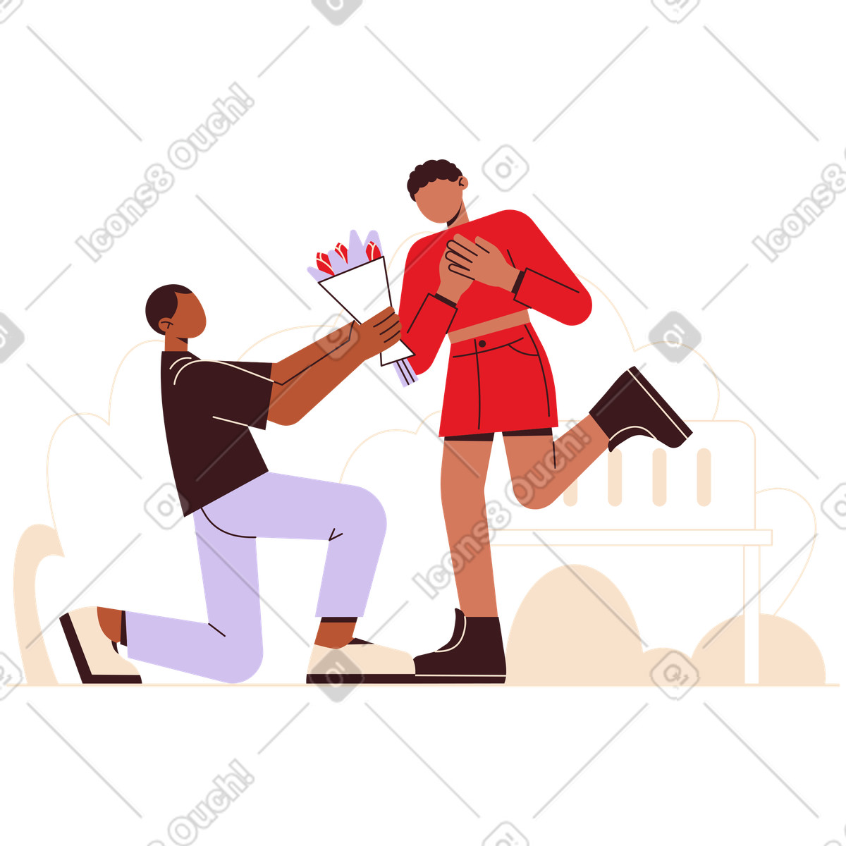 Presenting bouquet to girlfriend, romantic gesture or proposal scene illustrazione in stile Folks scarica in PNG, SVG