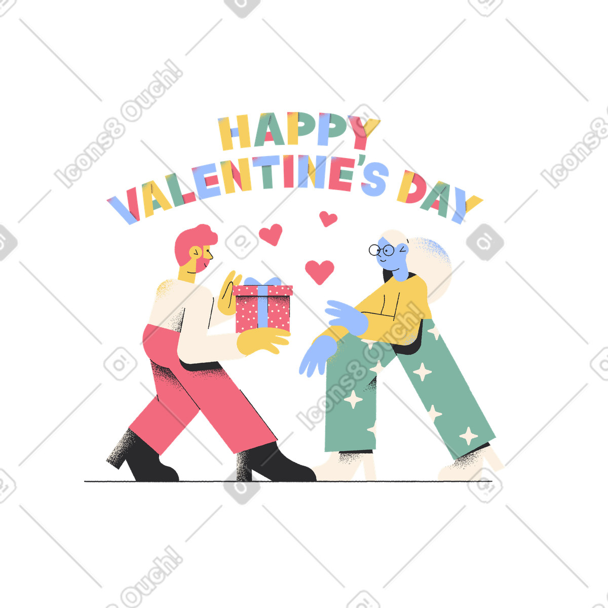 Lettering happy valentine's day con un ragazzo che fa regalo a una ragazza illustrazione in stile Pablo scarica in PNG, SVG