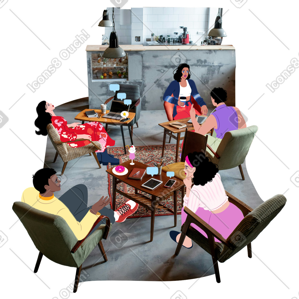 Young people communicate and work in cafe animated illustration Everyday style download GIF, Lottie (JSON), AE