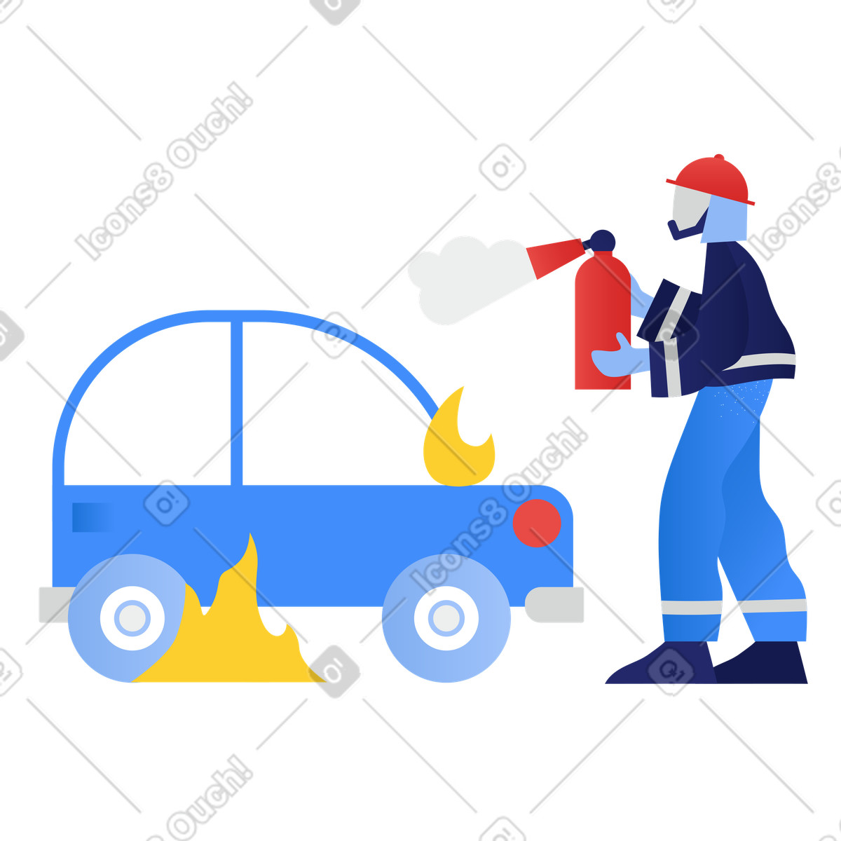 Feuerwehrmann löscht ein brennendes auto-Illustration im Clip-Stil als Download in PNG, SVG