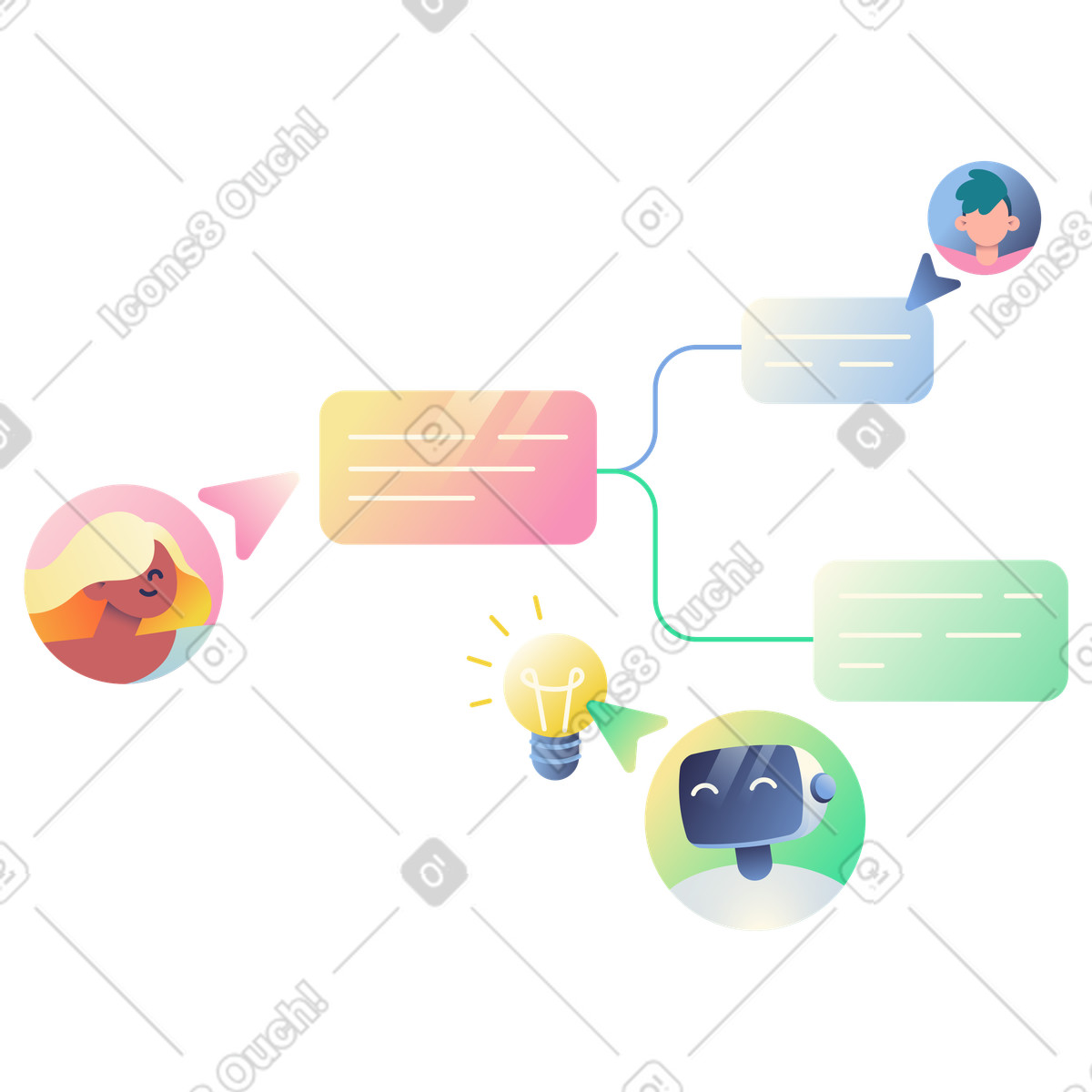 Miro-style brainstorming, AI assistant in team workflow animated illustration in GIF, Lottie (JSON), AE