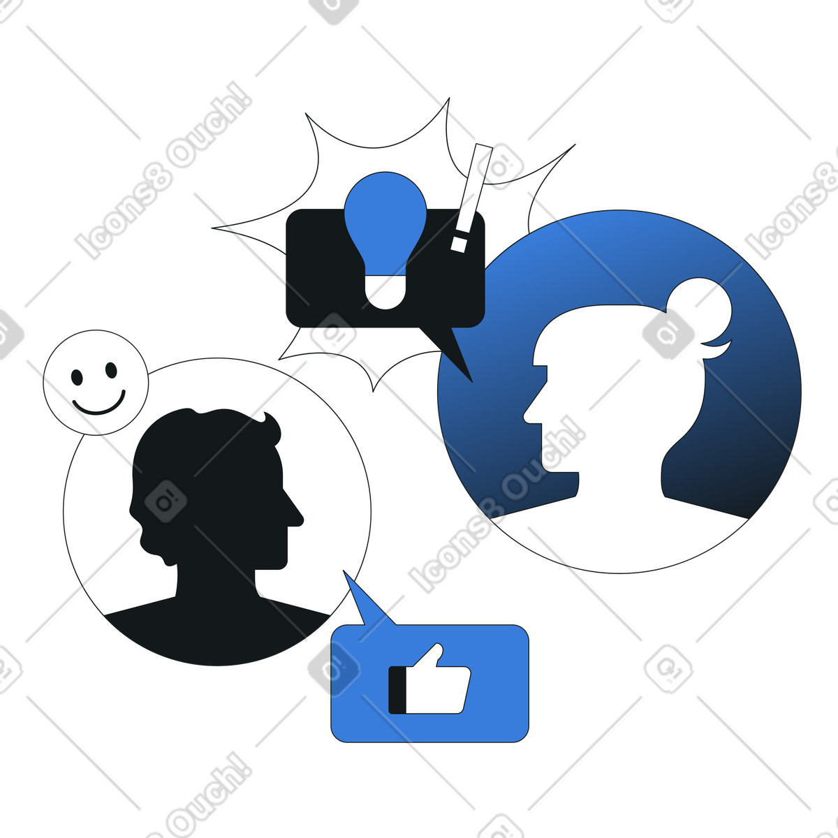 Colleagues discussing ideas, Team brainstorming and idea sharing illustration in Midnight style download in PNG, SVG