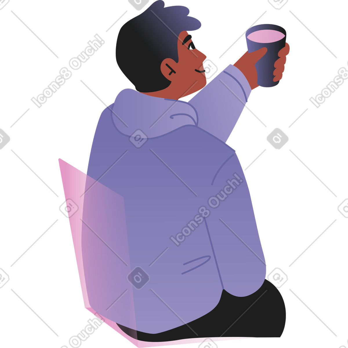 Young man sitting with a glass in his hand back view illustration Coworking style download PNG, SVG