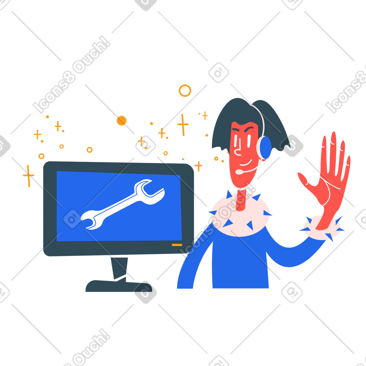 Tech support specialist at computer, Service and maintenance assistance workflow illustration in Kingdom style download in PNG, SVG