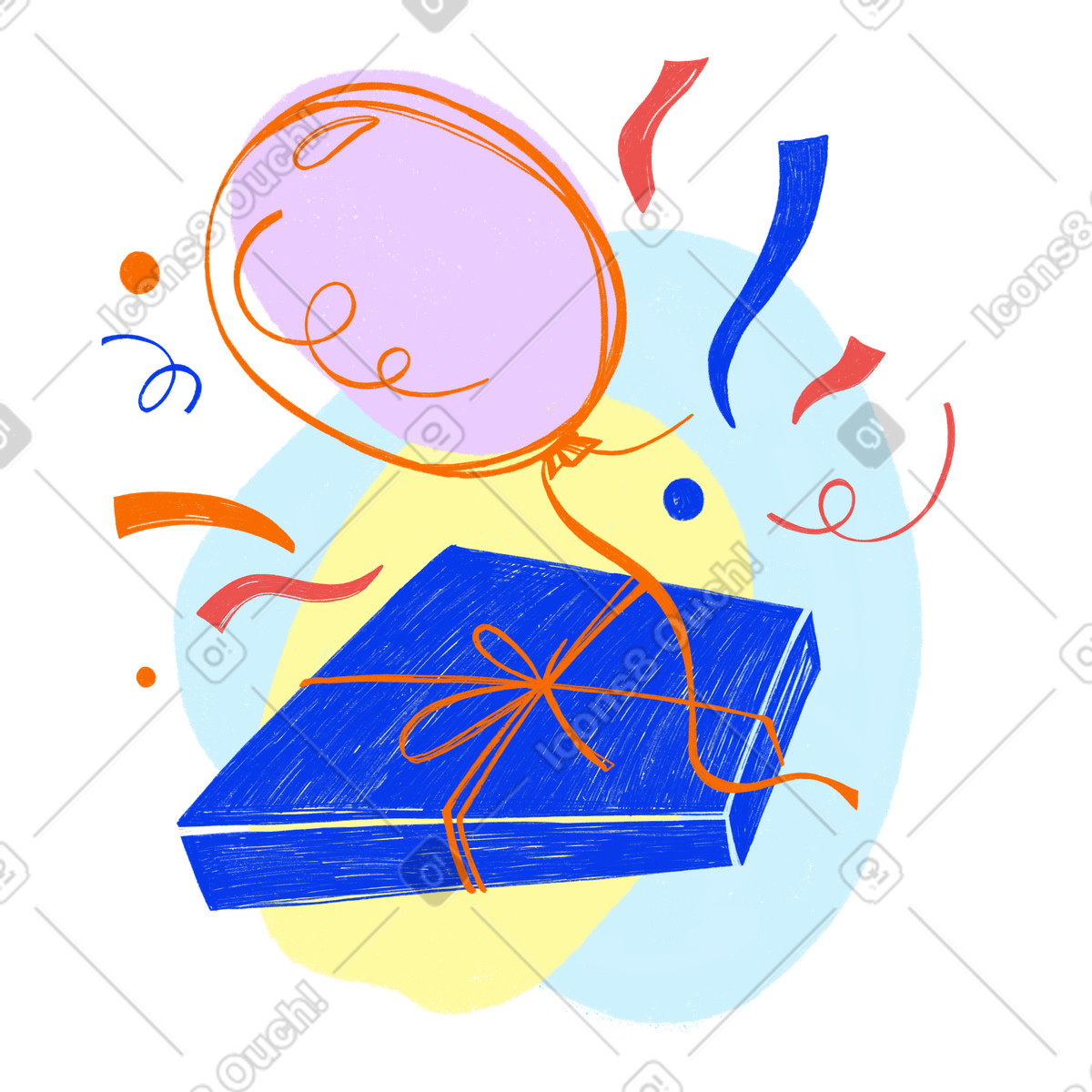 Blue holiday box with balloon and confetti-Illustration im Biro-Stil als Download in PNG, SVG