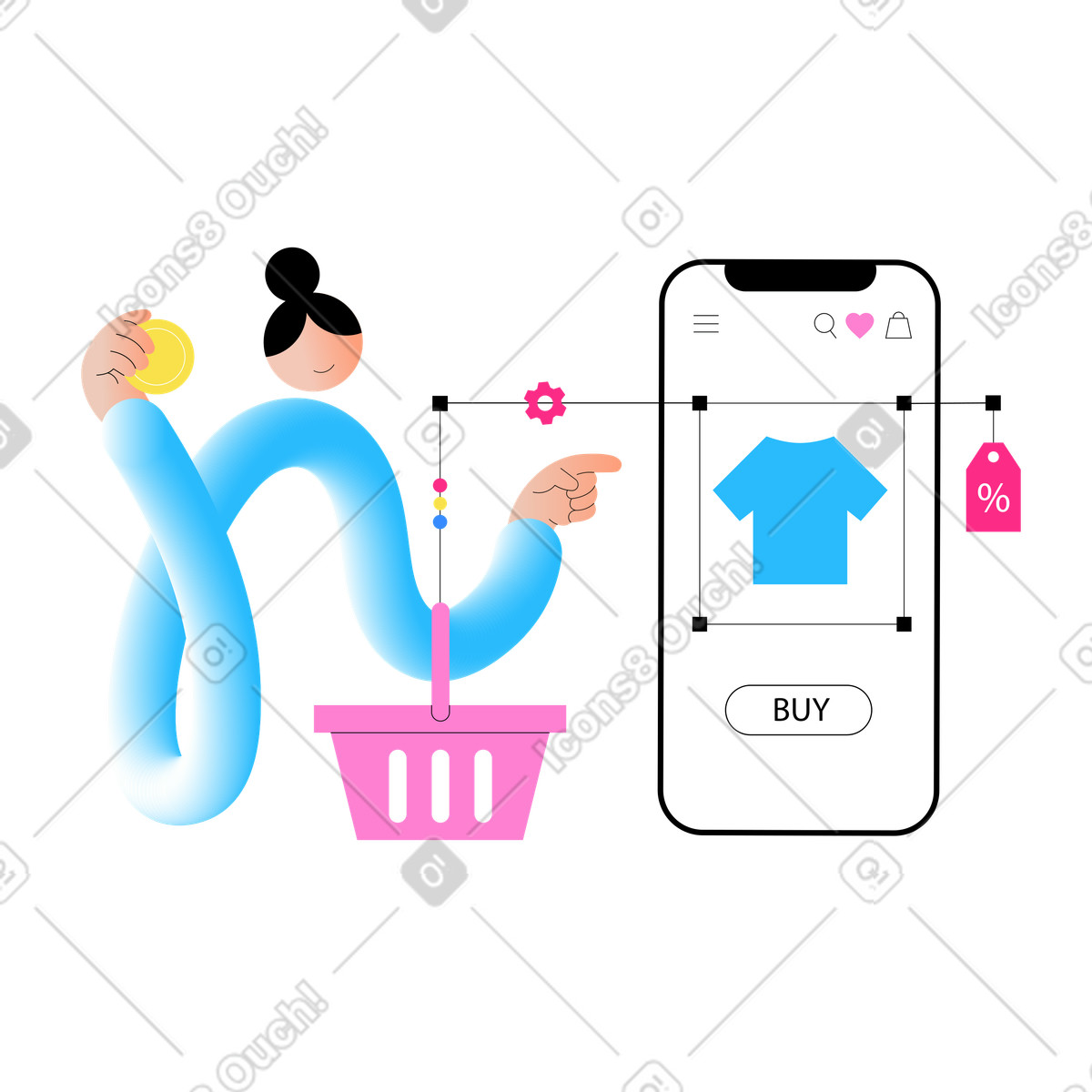 Ilustración Mujer joven de compras en una tienda online estilo Knotty a descargar PNG y SVG