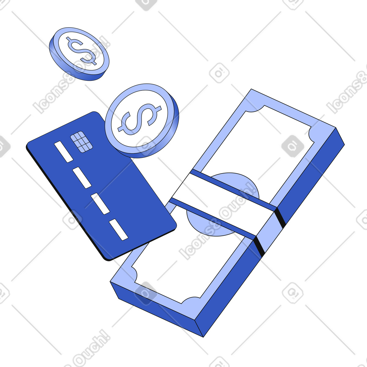 Techny スタイルの Banknotes, coins and credit card, Payment solutions or savings のイラストをPNG、SVG形式でダウンロード