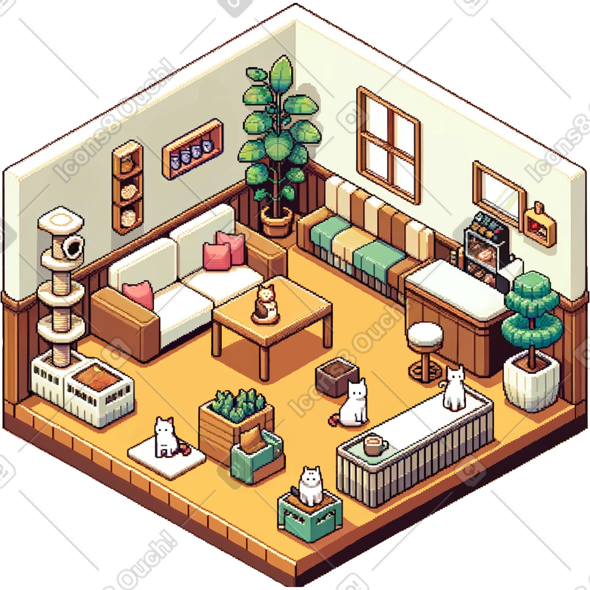 Ilustración Acogedor interior de cafetería cat en estilo Rooms a descargar en PNG y SVG