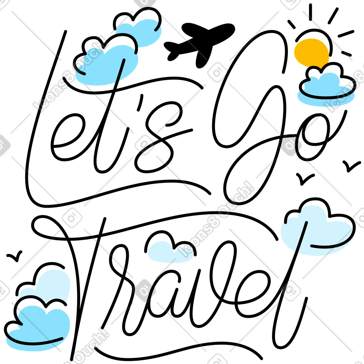 Ilustración animada Letras vamos a viajar con pájaros y nubes texto en estilo Lettering descargar en GIF, Lottie (JSON), AE