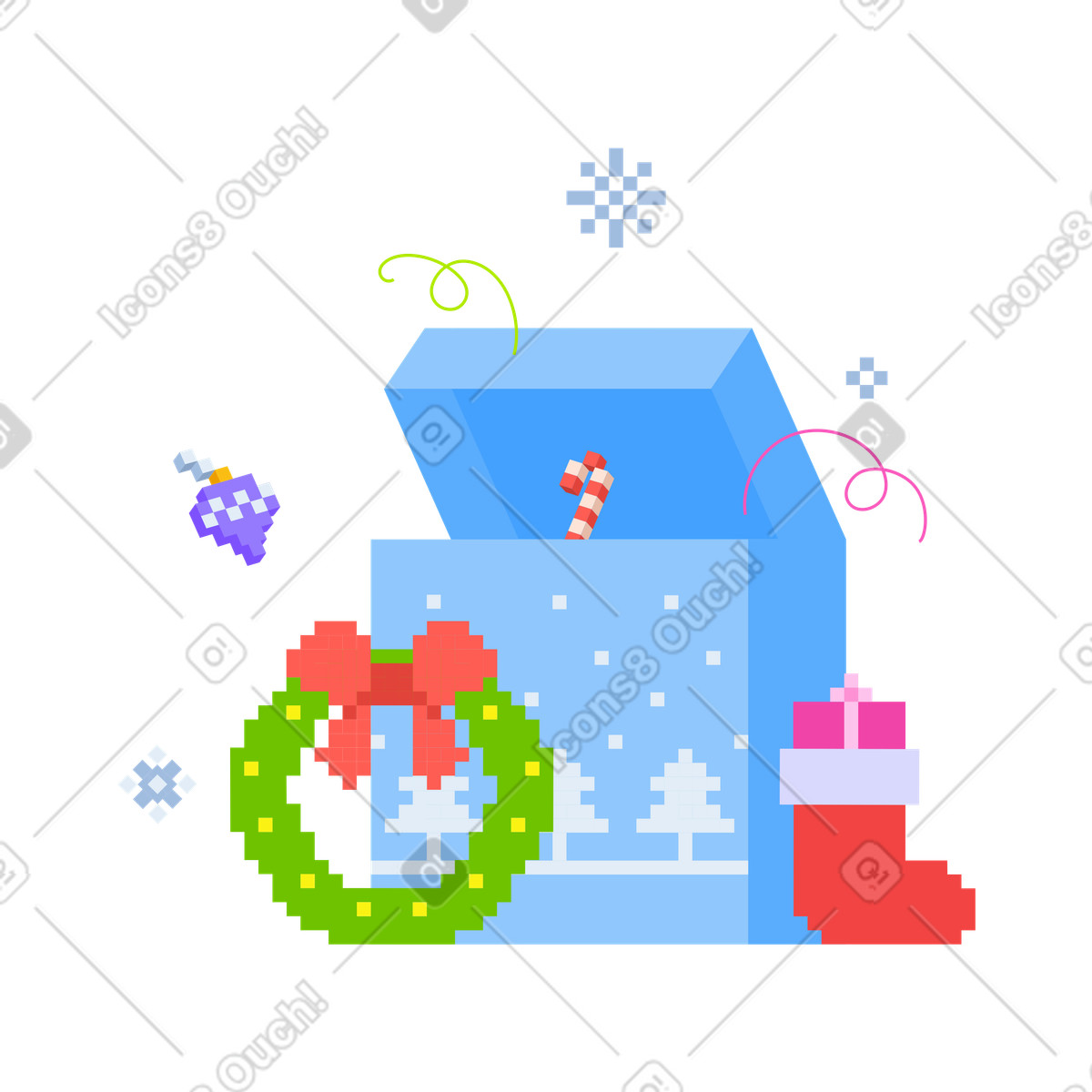 Ilustración Caja de adornos navideños y corona navideña. en estilo 8bit a descargar en PNG SVG