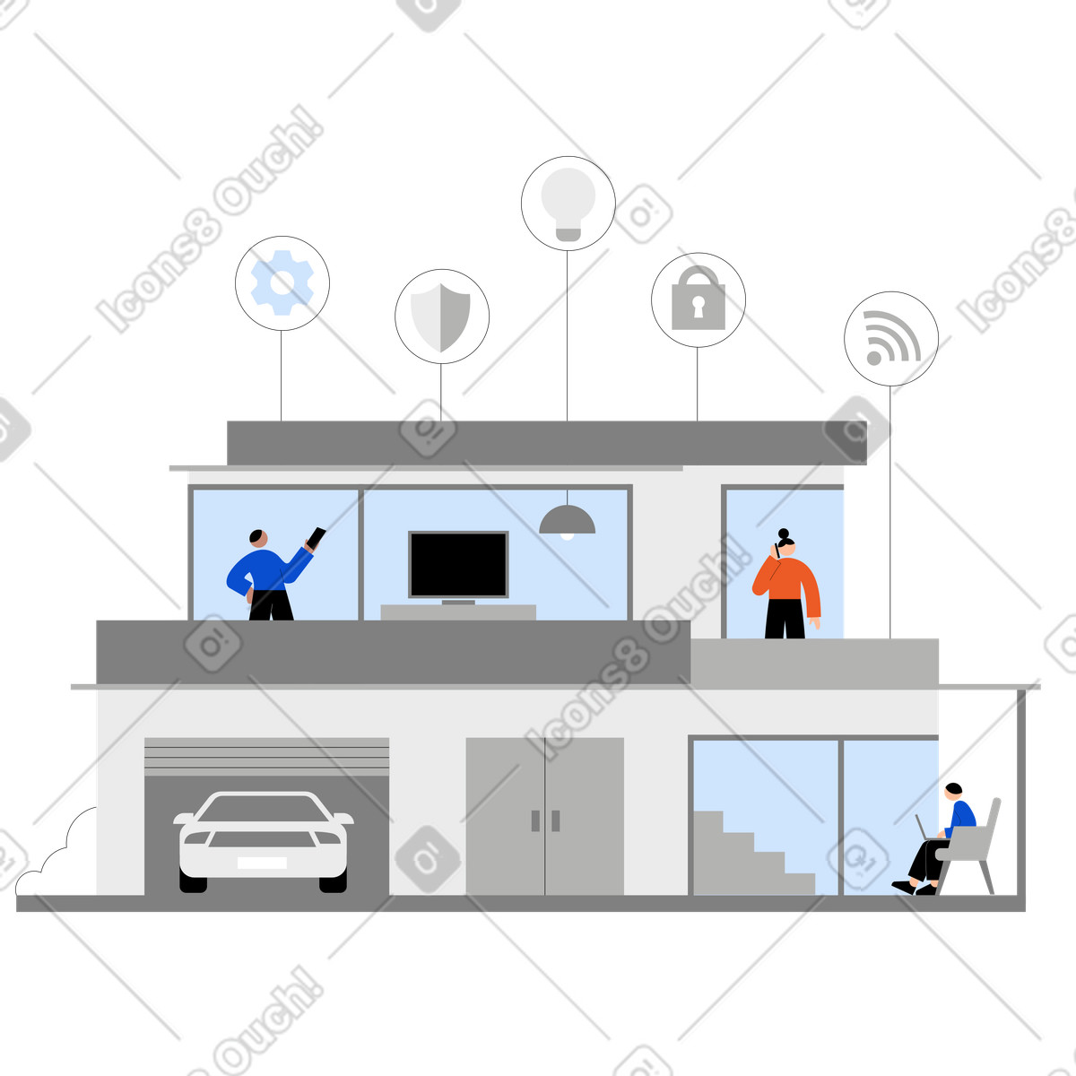 Casa intelligente con dispositivi interconnessi illustrazione in stile Tiny scarica in PNG, SVG