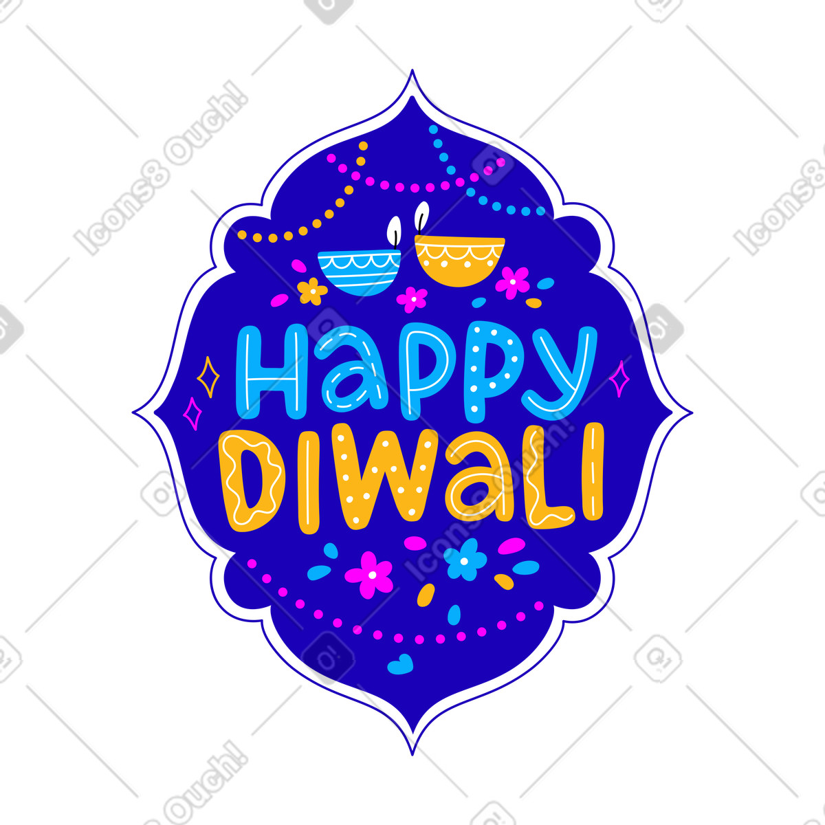 Illustration Lettrage joyeux diwali diya lampe cadre texte dans le style Lettering à télécharger aux formats PNG, SVG