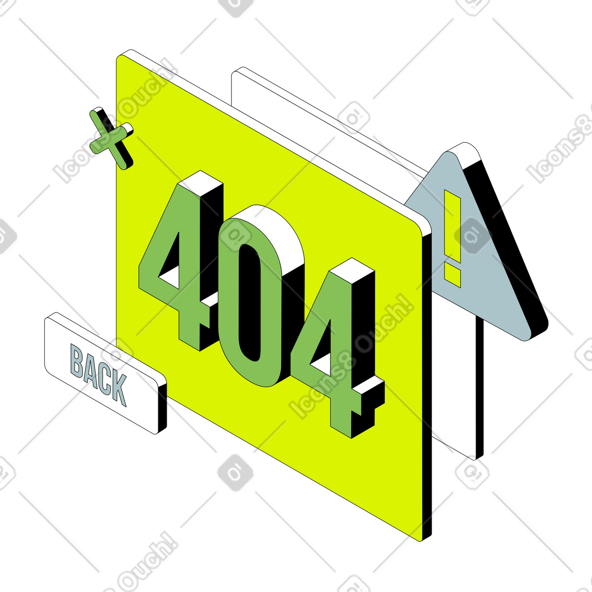 Error 404 page and alert sign illustration in Isometric style download in PNG, SVG