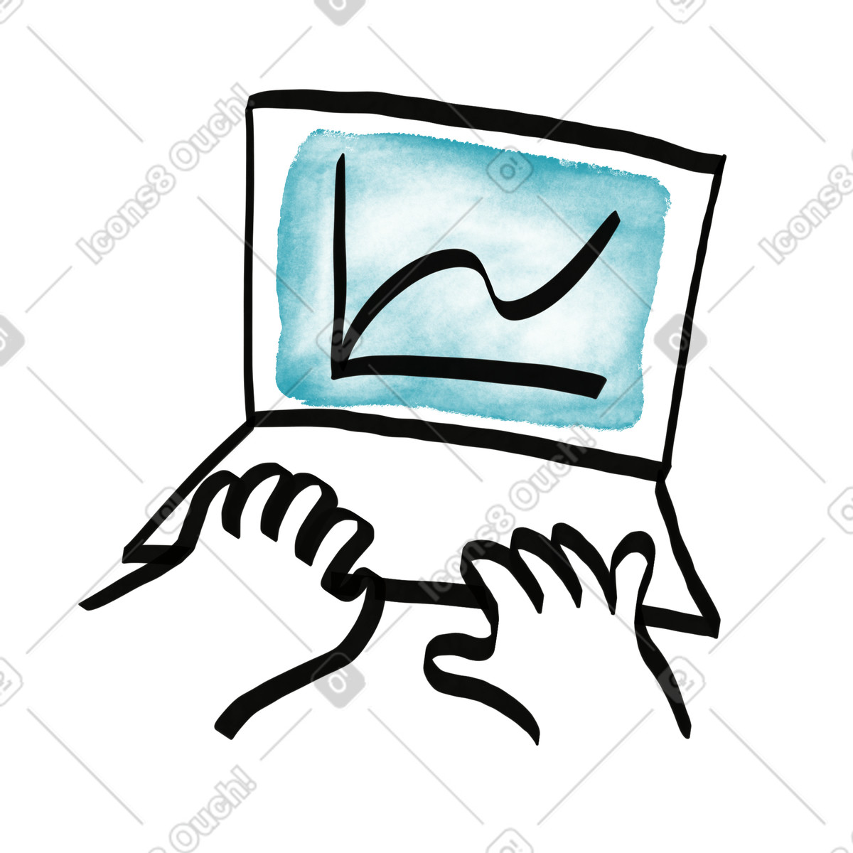 Watercolor sketch 스타일의 Laptop hands working on rising line chart productivity growth 일러스트레이션 PNG, SVG 다운로드