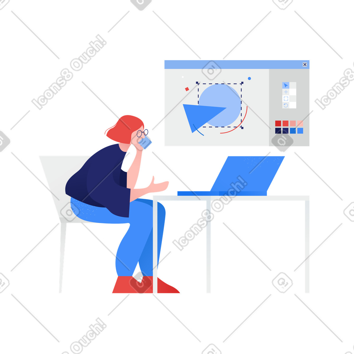 Illustration Concepteur discutant de la composition graphique au téléphone dans le style Clip à télécharger aux formats PNG, SVG