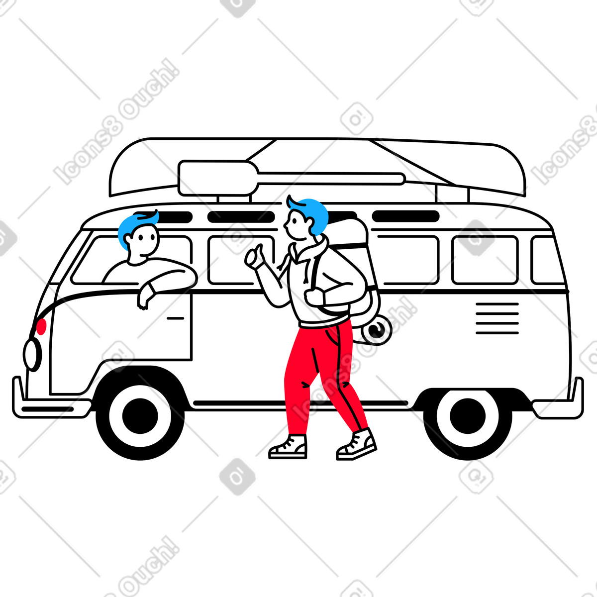 Ilustração de Viajante com uma mochila mostra os polegares para o motorista van em no estilo Transistor baixar em PNG, SVG