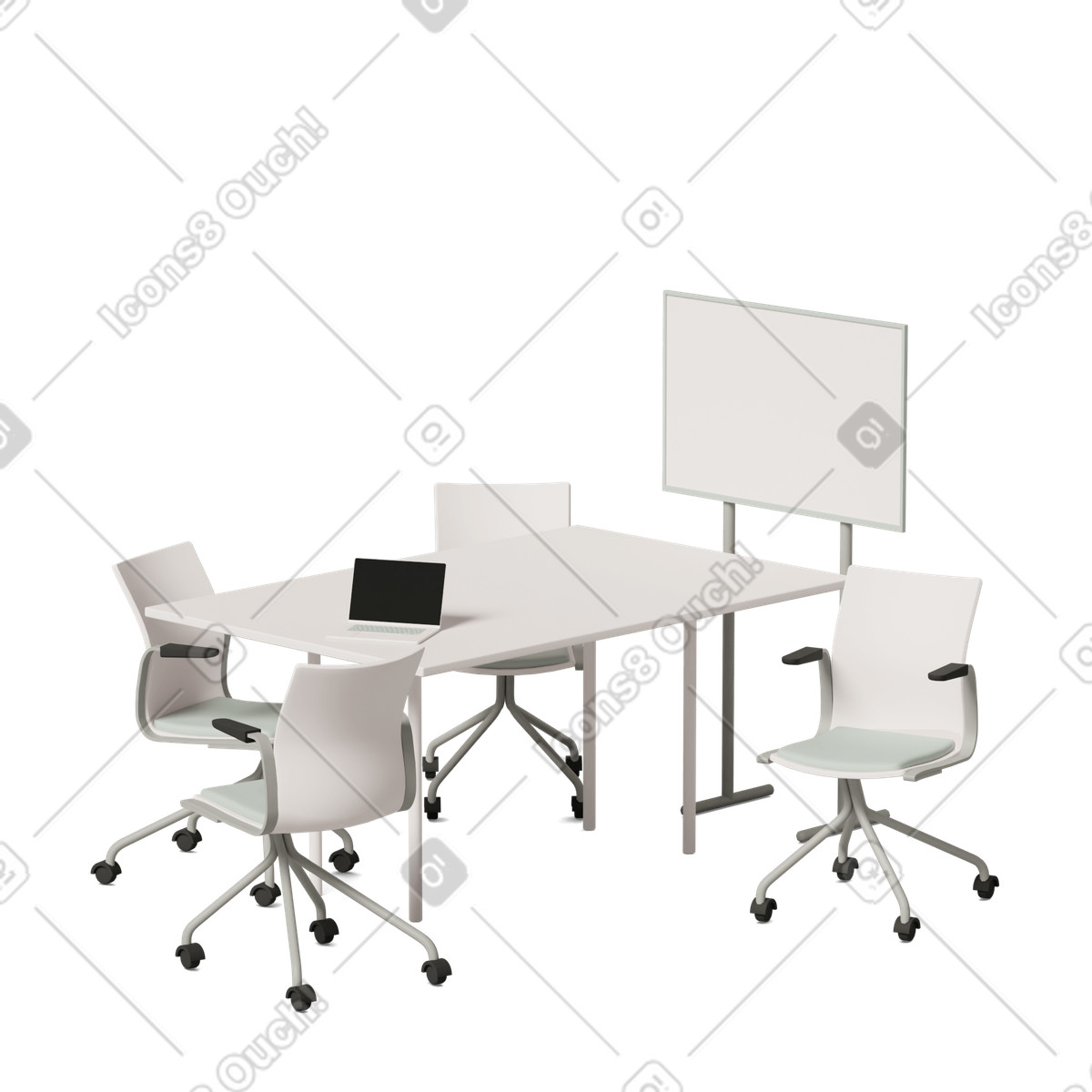 Office chairs board table laptops illustration in 3D Casual life style download in PNG, SVG