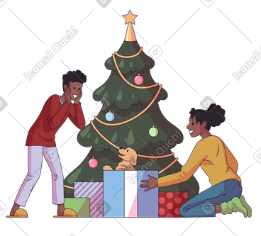 Boy getting a puppy as a surprise Christmas present PNG, SVG