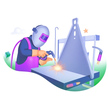 A scene depicting a welder in protective gear, including a helmet and gloves, focused on working on a large metal structure. The welder is holding a welding torch, and bright sparks are flying off as they apply heat to the metal surface. The surrounding area is filled with various tools and equipment used for the welding process, highlighting the industrial setting. The large metal structure is partially completed, showcasing intricate details and weld seams.