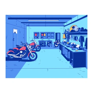 A blue garage features a polished concrete floor that reflects the light. Along the walls, a collection of motorcycles in various colors is lined up, showcasing their sleek designs and chrome details. To the right, there is an organized display of riding gear, including helmets, jackets, and gloves, all arranged meticulously on hooks and shelves. Accessories like saddlebags and maintenance tools are neatly placed on a workbench in the background. The overall atmosphere of the garage is vibrant and dynamic, highlighting a passion for motorcycles and riding.