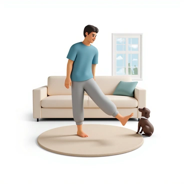 A person, wearing a blue t-shirt and gray sweatpants, is performing a calf stretch by standing on one leg with their heel lifted, while the other leg is extended behind them. The cozy living room features a soft beige rug underfoot and a comfortable couch in the background. Next to the person, a small brown dog is lying on the floor, watching them curiously. Natural light is streaming in through a window, illuminating the scene and highlighting the warmth of the room.