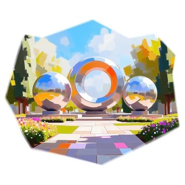 A sculpture garden featuring multiple large metallic sculptures shaped like spiral galaxies, glinting in the sunlight. Each galaxy sculpture is intricately designed with swirling patterns and reflective surfaces, creating a dynamic visual display. The garden is surrounded by lush greenery, with pathways leading to each sculpture. Above, a clear blue sky fills the scene, providing bright natural light that enhances the metallic finishes of the galaxies. Tall trees and colorful flowers add to the vibrant atmosphere of the garden.