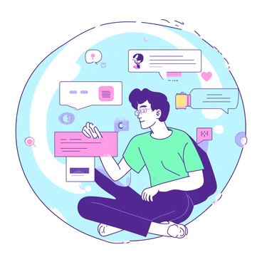 A person is sitting cross-legged inside a large transparent bubble. The bubble is filled with various digital notifications, such as colorful icons representing messages, alerts, and social media updates. The notifications are floating around, creating a vibrant atmosphere inside the bubble. The person has a focused expression, looking at one of the notifications. The background outside the bubble is blurred, emphasizing the digital world contained within.