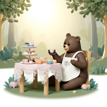 A large brown bear, wearing a floral-patterned apron, is sitting at a quaint wooden table set in a lush forest clearing. The table is covered with a delicate lace tablecloth and adorned with an array of tiny, colorful teacups filled with steaming tea. Surrounding the bear are various pastries, including small cakes, cookies, and scones, elegantly arranged on a three-tiered serving stand. The bear is holding a tiny teacup in one paw, smiling as it gestures towards the treats. Sunlight filters through the trees, creating a warm and inviting atmosphere in the scene.
