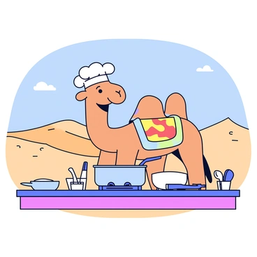A cartoon camel with a light brown body and a friendly expression stands in an outdoor desert kitchen. The camel is wearing a white chef hat that sits atop its head, and a matching apron decorated with colorful patterns. Surrounding the camel are various cooking utensils, including a frying pan and a spatula. The kitchen is set against a backdrop of sandy dunes and a clear blue sky. The camel is stirring a large pot over a small stove, showcasing its culinary skills.