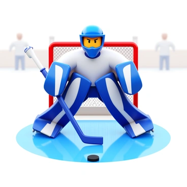 A hockey goalie in full gear is positioned in a ready stance on the ice. Their helmet features a visor reflecting the rink lights. The ice surface is smooth and glossy, clearly displaying the goalie's reflection. The goalie has their eyes narrowed in concentration while preparing to block a puck, emphasizing their focus. The surroundings include faint outlines of teammates and opponents in the background, but the primary focus remains on the goalie and their reflection.