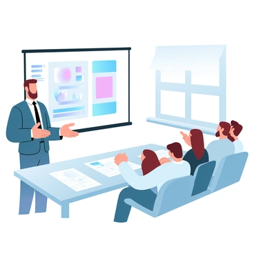 A designer is standing next to a large screen displaying a vibrant digital mockup of a modern product. The designer is wearing a tailored outfit and appears engaged in discussion. The office is sleek and contemporary, featuring minimalist furniture and large windows that let in plenty of light. There are various design materials and sketches spread out on a table nearby. A group of clients is seated around the table, looking attentively at the screen and taking notes. The color scheme of the office incorporates gradient pastel colors, creating a harmonious and inviting atmosphere.