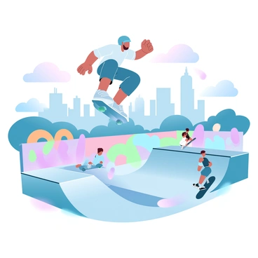 A skateboarder is mid-air, executing a trick above a colorful ramp in a vibrant city skate park. The skateboarder is wearing a helmet and protective gear, showcasing a dynamic posture. Surrounding the ramp, there are various graffiti murals featuring bold, bright colors on the park walls. In the background, the skyline of a city is visible, with tall buildings and clouds painted in gradient pastel colors. Several other skateboarders and onlookers are scattered around, enhancing the lively atmosphere of the park.