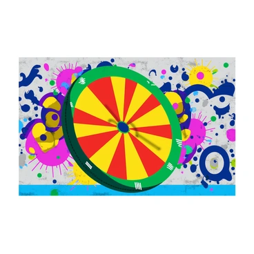 A vibrant graffiti wall with colorful splashes of paint throughout. The wall displays a large, stylized dartboard in the center, filled with bright hues of red, green, and yellow. Surrounding the dartboard are dynamic patterns and abstract shapes that enhance the energetic feel of the scene. The textures of the wall are rough, showcasing layers of paint and street art. Various artistic elements intertwine around the dartboard, contributing to a lively urban atmosphere.