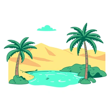 A teal oasis is visible in the center of a vast yellow desert. The oasis features a clear, sparkling pool of water, reflecting the sunlight. Surrounding the oasis, there are several green palm trees with long, curved trunks and lush, green fronds, providing shade over the water. The desert sand surrounding the oasis has gentle dunes, creating a contrast with the vibrant green of the palm trees. The sky above is clear, adding to the tranquility of the scene.