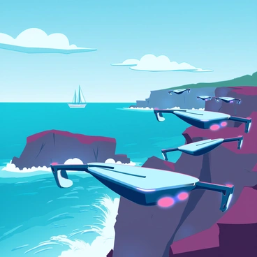 A fleet of sleek drones with elongated bodies and bright LED lights is racing along a rugged coastal cliff. The drones are captured in motion, with some hovering close to the edge of the cliff while others zip ahead, showcasing their aerodynamic designs. Below, the ocean glistens under the sunlight, waves crashing against the rocky shoreline. In the background, a panoramic view of the expansive blue sea stretches to the horizon, dotted with distant sailboats. The sky is a clear blue, with a few fluffy white clouds scattered above, enhancing the vibrant coastal scenery.