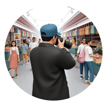 A photographer, wearing a black jacket and a navy blue hat, is positioned in the middle of a bustling marketplace. The market is filled with colorful stalls displaying fresh produce, flowers, and handmade crafts. People of diverse backgrounds are walking around, some engaging in conversation while others are inspecting items for sale. In the background, a vendor in a red apron is handing a customer a basket of fruits, while a group of friends is laughing together near a stall filled with vibrant textiles. The photographer, holding a camera with a long lens, focuses intently on the lively scene in front of him.