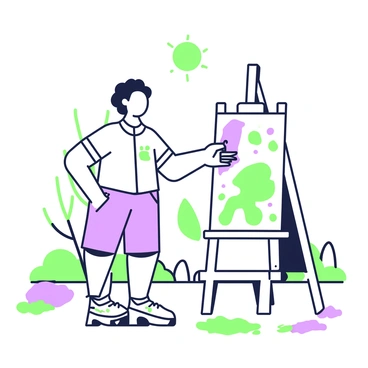 A flat-faced character is standing outdoors, painting on a canvas that is positioned on an easel. The character has a neutral expression and is wearing a simple outfit consisting of a light shirt and shorts. The canvas features various shapes and abstract forms created with bright colors. Surrounding the character, there are splashes of color on the ground, indicating paint spills. In the background, there are a few trees with outlines, and the sun is shining, casting soft shadows around the scene.