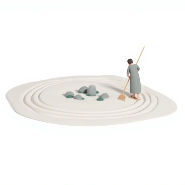 A minimalist zen garden featuring smooth, white sand spread across the ground. In the center, there are carefully placed rocks of various sizes, surrounded by small patches of green moss. A gardener, wearing a simple gray tunic and light brown sandals, is raking the sand with a long wooden rake. The rake creates harmonious patterns in the sand, with each groove flowing gracefully around the rocks. The scene is tranquil, showcasing the balance between the elements of nature and human artistry.