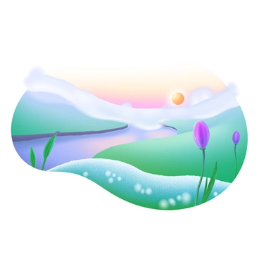 A frosty morning scene with frost-covered grass and a misty river