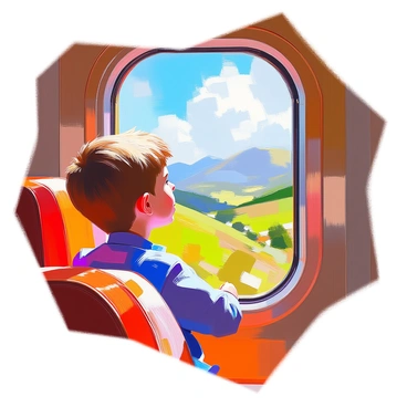 Tintin looking out the window of a vintage train carriage with scenic views