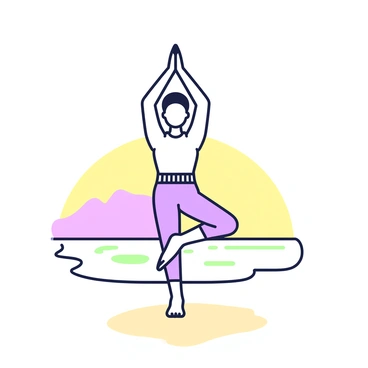 A person is practicing yoga in a "tree pose" on a beach. The individual stands on one leg, with the other foot placed on the inner thigh of the standing leg. Their arms are raised above their head, forming a "V" shape. The sand is smooth and lightly textured beneath their feet. The ocean is calm and gently laps at the shore nearby. A soft, warm light from the "sunrise" casts long shadows on the sand, illuminating the scene with a golden hue. In the background, the horizon blends into the sea, and a few gentle waves are visible.