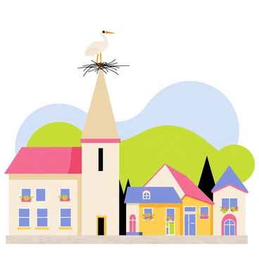 A church steeple with a pointed roof is rising above a charming village filled with small, colorful houses. At the top of the steeple, a large white stork is perched, carefully arranging its nest made of twigs. The village below has cobblestone streets and vibrant flower boxes adorning the windows of the houses. In the background, rolling green hills can be seen under a clear blue sky. The scene captures the peaceful and idyllic atmosphere of village life.