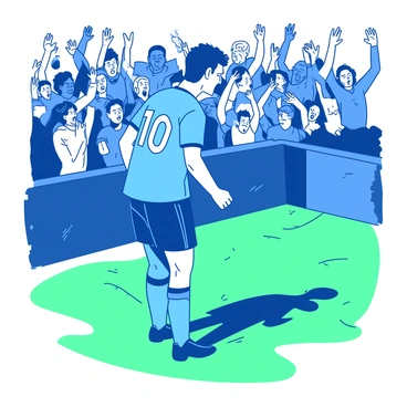 A player wearing a blue jersey with a number on the back is standing on a green field, visibly upset with furrowed brows and clenched fists. In the background, a crowd of spectators in the stands is animatedly gesturing with their arms raised and mouths open, expressing their emotions. Some spectators are standing while others are seated, creating a bustling atmosphere. The sunlight casts shadows on the field, highlighting the tension in the scene.