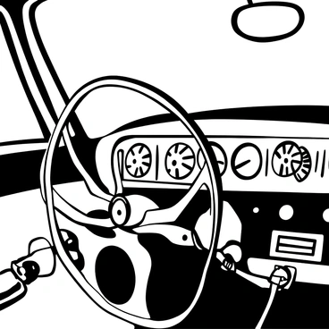 A close-up view of a vintage car interior featuring a detailed old radio. The radio is prominently displayed, showing its dials and knobs with intricate designs. The dashboard surrounds the radio, showcasing classic controls and textures of the materials. The steering wheel is visible, adding to the retro ambiance of the scene. The overall composition highlights the craftsmanship of the car's interior elements, emphasizing the nostalgia of a bygone era.
