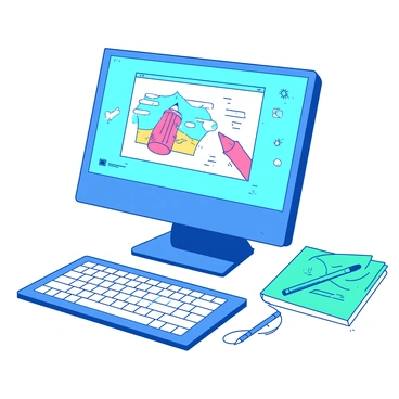 A blue computer screen displays an online illustration tutorial video. The video shows a colorful animation demonstrating various drawing techniques. On the sides of the screen, there are small icons representing tools like a pencil, paintbrush, and eraser. A white keyboard is positioned in front of the screen, and a teal notebook with sketches is placed beside it.