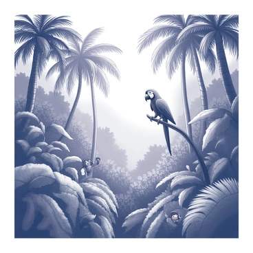 A dense rainforest filled with a variety of exotic plants, including tall palm trees and large-leaved foliage. Numerous animals can be seen among the foliage, including a colorful parrot perched on a branch, a sloth hanging from a tree, and a small monkey peeking out from behind leaves. The ground is covered with ferns and underbrush. Sunlight filters through the canopy, creating patterns on the forest floor. The scene is designed to fit within a 9x12 illustration board format, showcasing the complexity of the rainforest ecosystem.