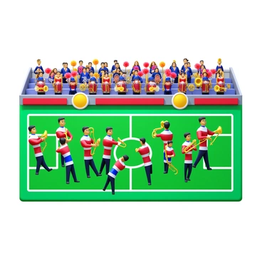 A marching band in colorful uniforms playing lively music on the football field. The musicians are holding various instruments such as trumpets, drums, and saxophones. The band is arranged in a dynamic formation, creating visual patterns on the grass. Cheerleaders in bright outfits are cheering on the sidelines, while fans in the stands wave pom-poms and banners. The sky is clear, and the energy of the game is palpable in the scene.