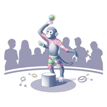A monkey is positioned in the center of a circus ring. The monkey is wearing a colorful outfit adorned with patterns and designs, which include stripes and polka dots. It is standing on its hind legs, skillfully balancing a brightly colored ball on its head. In front of the monkey, there is a small wooden stool and a few scattered circus props, such as hoops and juggling pins, enhancing the festive atmosphere. The audience is visible in the background, with various silhouettes reacting to the performance.