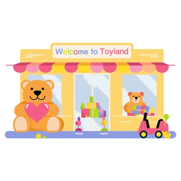 A kids' toy store with a bright, welcoming facade. The front of the store features large, plush teddy bears in various sizes, with one giant teddy bear holding a red heart. Colorful toys are displayed in the windows, including building blocks in vibrant shades and stuffed animals in different shapes. The entrance is adorned with a cheerful banner that reads "Welcome to Toyland" in playful letters. The ground outside is sprinkled with colorful play balls and a small ride-on toy is positioned near the door.