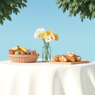 A breakfast table set up outdoors under a clear blue sky. The table is covered with a crisp white tablecloth. On the table, there are various fresh fruits, including vibrant red strawberries, yellow bananas, and green apples, arranged neatly in a wicker basket. Several flaky pastries, such as croissants and danishes, are displayed on a wooden serving board. In the center of the table, there is a clear glass vase filled with bright yellow and white daisies, adding a touch of color and freshness to the scene. Sunlight filters through nearby trees, casting soft shadows on the table.